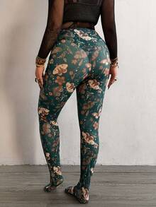 Whyspr Leggings Elegantes Retrô Punk Goth Grunge Casuais e Legais em Malha Transparente Estampada para Mulheres Plus Size - Verde Escuro - Visão 2