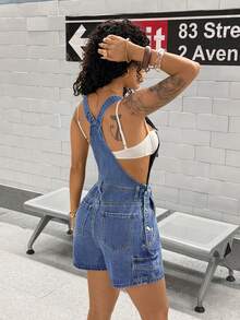 StreetHx Fashionable Casual Street Style Denim Bib Shorts - Medium Wash - View 2