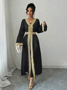 Rafferiza V-Neck Long Sleeve Gold Lace Patchwork Long Dress For Women - Black - View 3