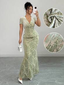 Rafferiza Women's Fashion Velvet Burnout Draped Neck Short Sleeve Crop Top + Bodycon Fishtail Hem Skirt 2-Piece Set - Green - View 6