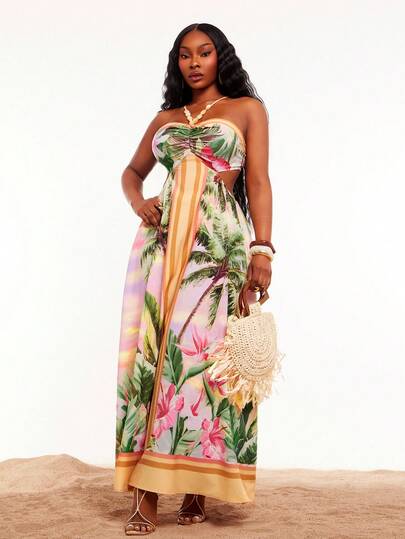 Radiana Plus Size Women's Spring/Summer Coconut Tree Print Ruched Halter Casual Vacation Date Dress