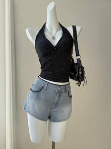 Elamini Women's Casual Striped Denim Shorts, Summer - Multicolor - View 4