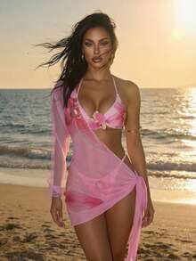 Swim SXY Conjunto de 3 piezas: Top de bikini triangular con cuello de halter con estampado de hibisco, cubre con malla, traje de baño elegante - Multicolor - Ver 1