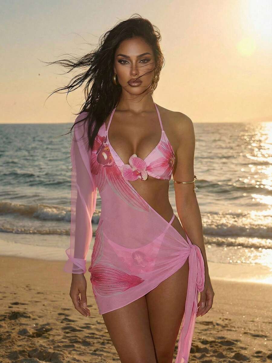 Swim SXY Conjunto de 3 piezas: Top de bikini triangular con cuello de halter con estampado de hibisco, cubre con malla, traje de baño elegante - Multicolor - Ver 1