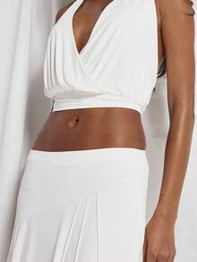 MUSERA Deep V Plunge Cowl Cross Over Cinched Waist Halterneck With Seam Detail Flowy Draped Midi Skirt Coord Sold As Set Cute Holiday Sexy Night Out Vacation Spring Summer Elegant Soleil Drape - White - View 6