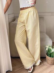 CovetEZ Yellow Striped Lace Trim Wide Leg Pants For Women - Yellow - View 6