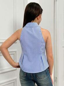 SHEIN 少女休闲度假优雅通勤上学翻领无袖褶皱编织蓝白条纹收腰A字纽扣衬衫上衣 - 藍色 - 查看 2