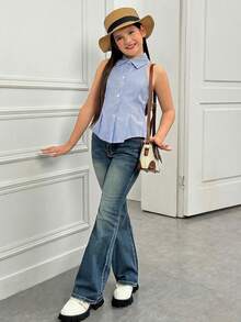 SHEIN 少女休闲度假优雅通勤上学翻领无袖褶皱编织蓝白条纹收腰A字纽扣衬衫上衣 - 藍色 - 查看 4