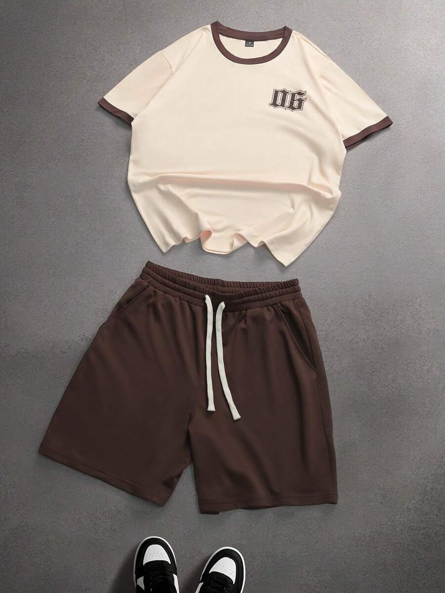 Manfinity Hypemode Men's Casual Numeric Print Contrast Trim Round Neck Short Sleeve T-Shirt And Drawstring Waist Shorts Set, Summer - Multicolor - View 1