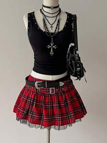 Attitoon 女士休闲复古低腰红色格子迷你裙，适合Y2K风格 - 彩色 - 查看 8