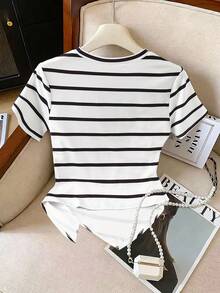 GlowEve CURVE 休闲条纹不对称下摆短袖T恤，夏季 - 白色 - 查看 2