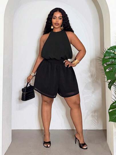 Slaydiva 2026 Spring/Summer Elegant Commute & Casual, Birthday Party, Graduation, Student, Daily Outing, All-Match Versatile, Leisure, Cruise Travel, Beach, Sunbathing, Viral Hit, Business Casual, Minimalist & Casual & Resort & Outing Women's Sleeveless Chiffon Jumpsuit - Black
