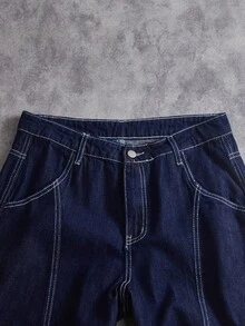 Manfinity ZONE917 男士蓝色阔腿牛仔裤，带口袋和拉链 - 藍色 - 查看 4