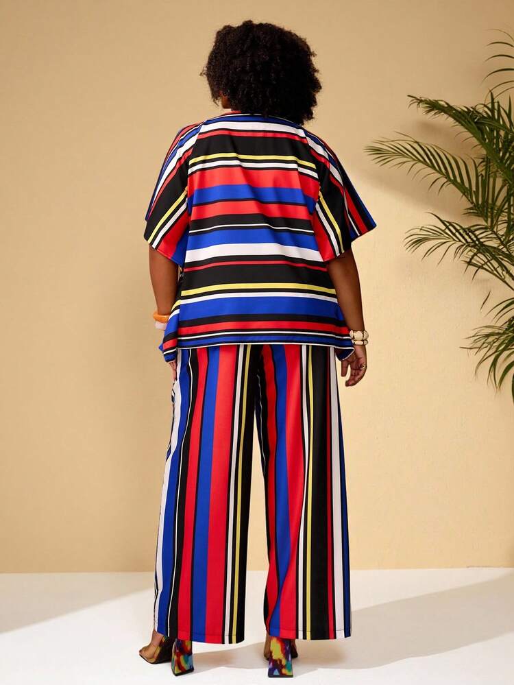 Plus Size Women Striped V-Neck Batwing Sleeve Top And Wide Leg Pants Casual 2 Piece Set/Summer/Spring/Vacation Plus Size 2 Piece Sets Plus Size Summer Sets Two Piece Set Women Plus Size Vacation Outfits Women Holiday Outfits For Women Beach Vacation Outfits For Women