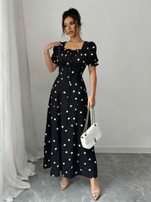 Rafferiza 女士优雅印花方领连衣裙，荷叶边饰边，荷叶袖，适合春、夏、秋季穿着，短款连衣裙，波点长款连衣裙，优雅女士连衣裙，复古女士连衣裙，波点女士连衣裙，新款女士连衣裙，波点长款连衣裙 - 黑色 - 查看 4