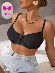 Swim DD+ Women Solid Color Spaghetti Strap Adjustable Back Clasp Front V-Neck Camisole - Black - View 7