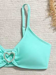 SHEIN Tween Girls3 PiecesCute Daisy Print Swimsuit With Mesh Shawl/Ruffle Trim - Green - View 5