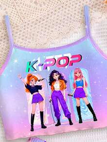 SHEIN 两件套女童时尚韩流女团字母星形印花套装，彩色卡通人物印花，渐变扎染，韩流粉丝礼物，音乐，时尚男女童装，风格，姐妹装，吊带背心和短裤夏季两件套，韩流，Y2K，粉色，儿童舒适，儿童日常时尚，儿童套装，夏季服装，卡通图案，粉色，Blossom Vogue，秋季新款，价格实惠的时尚 - 彩色 - 查看 3