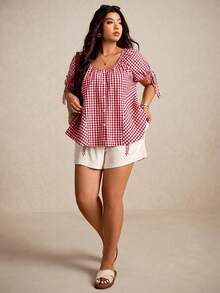 Elaquor Chemise à manches courtes imprimée à carreaux pour femmes grandes tailles, style décontracté - Blanc - Voir 4