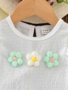 2pcs/Set Sweet & Cute Girls' Outfit, White Sleeveless Top + Light Green Shorts, Top With Ruffle Trim And 3D Floral Decor, High Waist Shorts With Floral Pattern And Ruffle Hem, Suitable For Summer, Casual Wear, Home - White - View 3