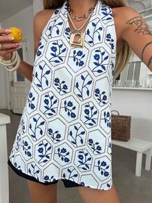 Livesso Women's White And Blue Floral Sleeveless Shirt,Summer Boho Vacation Holiday Casual Beach Outfits For Music Festivals,Valentine's Day,Weddings - Beige - View 4