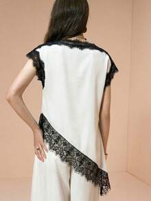 Arave Women's Contrast Lace Asymmetric Hem Fashionable Blouse - Multicolor - View 5