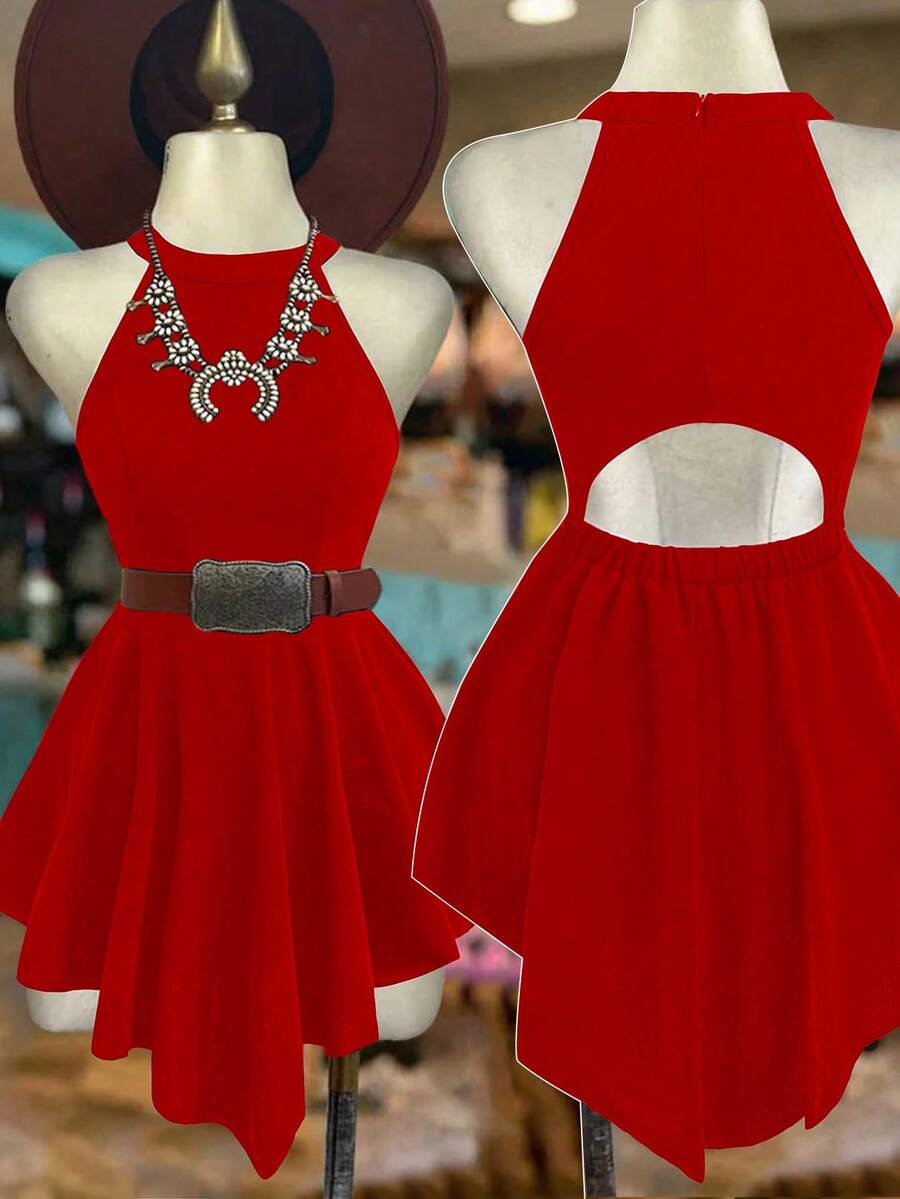 Franclia Plus Size Women's Solid Color Halter Neck Hollow Asymmetrical Hem Dress - Red - View 1
