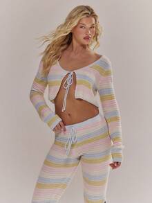 MUSERA Áo dài tay móc họa tiết kẻ sọc, buộc dây phía trước, thích hợp cho mùa xuân hè, dễ thương, nữ tính, đi nghỉ mát, đi biển, mặc hàng ngày, màu kem. - Nhiều màu - Xem 1