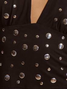 MUSERA Deep Plunge Open Back Silver Studded Ruched Halterneck Top Cute Summer Spring Sexy Going Out Beach Holiday Vacation Honey Tides - Black - View 6