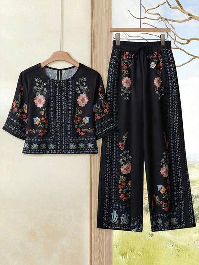 Rusticease Women's Floral Print Notched Neck Top And Wide Leg Pants 2 Piece Set, Suitable For Spring, Summer, Autumn Blouse And Pants Set Two Piece Women Sets 2pcs Set Women Boho Two Piece Set
