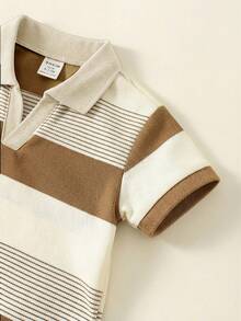 2 piezas Conjunto de camisa polo a rayas y pantalones de cintura elástica para niño pequeño, estilo urbano casual, adecuado para fiesta de cumpleaños, fiesta de noche, actuación, boda, baby shower, celebración del 1er cumpleaños - Multicolor - Ver 9