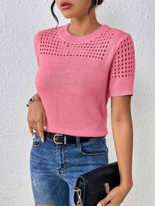 EMERY ROSE Women's Round-Neck Solid Color Short-Sleeved Knitted Top For Summer For New Year Clothes Everyday Light Pink Casual - Pink - View 4
