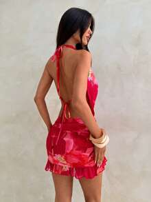 Aloruh 优雅印花度假波西米亚风吊带迷你连衣裙，深V领，露背设计，女士夏季服装，夏季沙滩装，女士沙滩度假套装，波西米亚热带度假套装，婚礼宾客礼服，热带粉色印花连衣裙，女士度假套装，女士沙滩裙，女士夏季连衣裙 - 粉色 - 查看 2