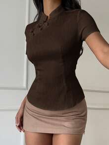 Aloruh Apricot New Chinese Style Button Collar Short Sleeve Waist Cinched Spring/Summer New Women Shirt,Summer Top - Coffee Brown - View 5