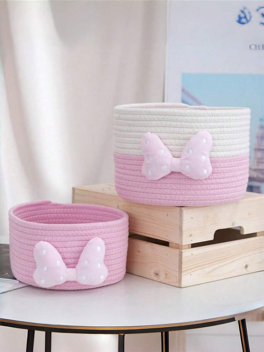 Cotton Rope Woven Desktop Storage Basket, Suitable For Organizing Toys, Snacks, Tissues, Candies, Stationery, Cosmetics, Etc., And Ideal For Home Use In Living Rooms, Bathrooms, Bedrooms, And Other Spaces To Tidy Up Clutter. - Pink - View 1