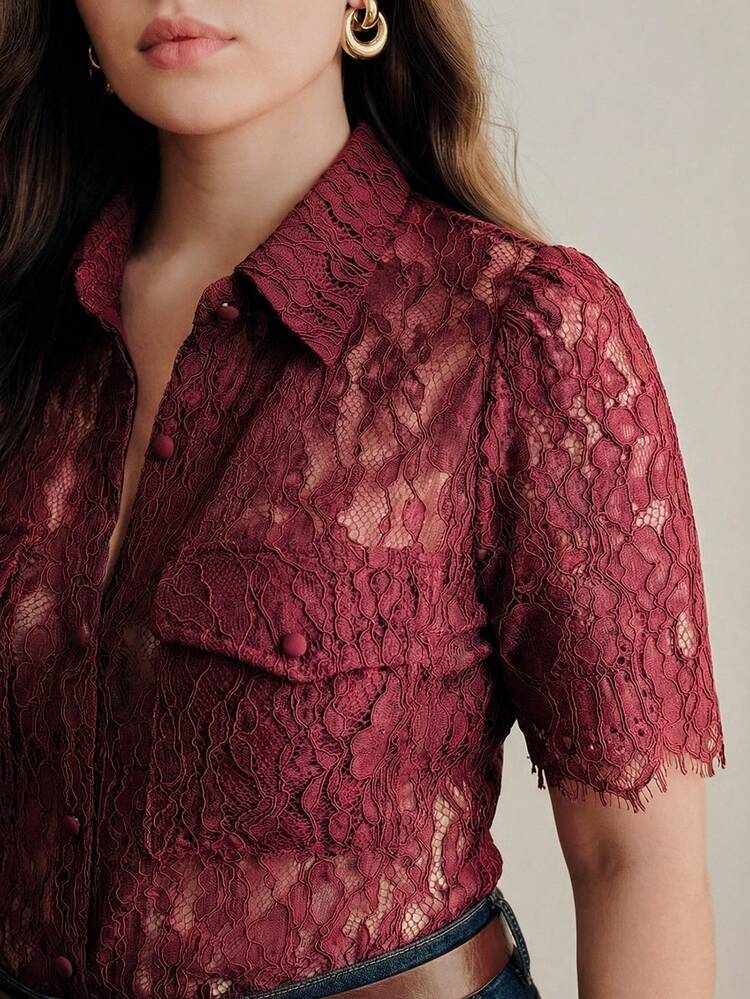 Plus Size Women's Vintage French Style Hollow Lace Trim Short Sleeve Blouse, Elegant