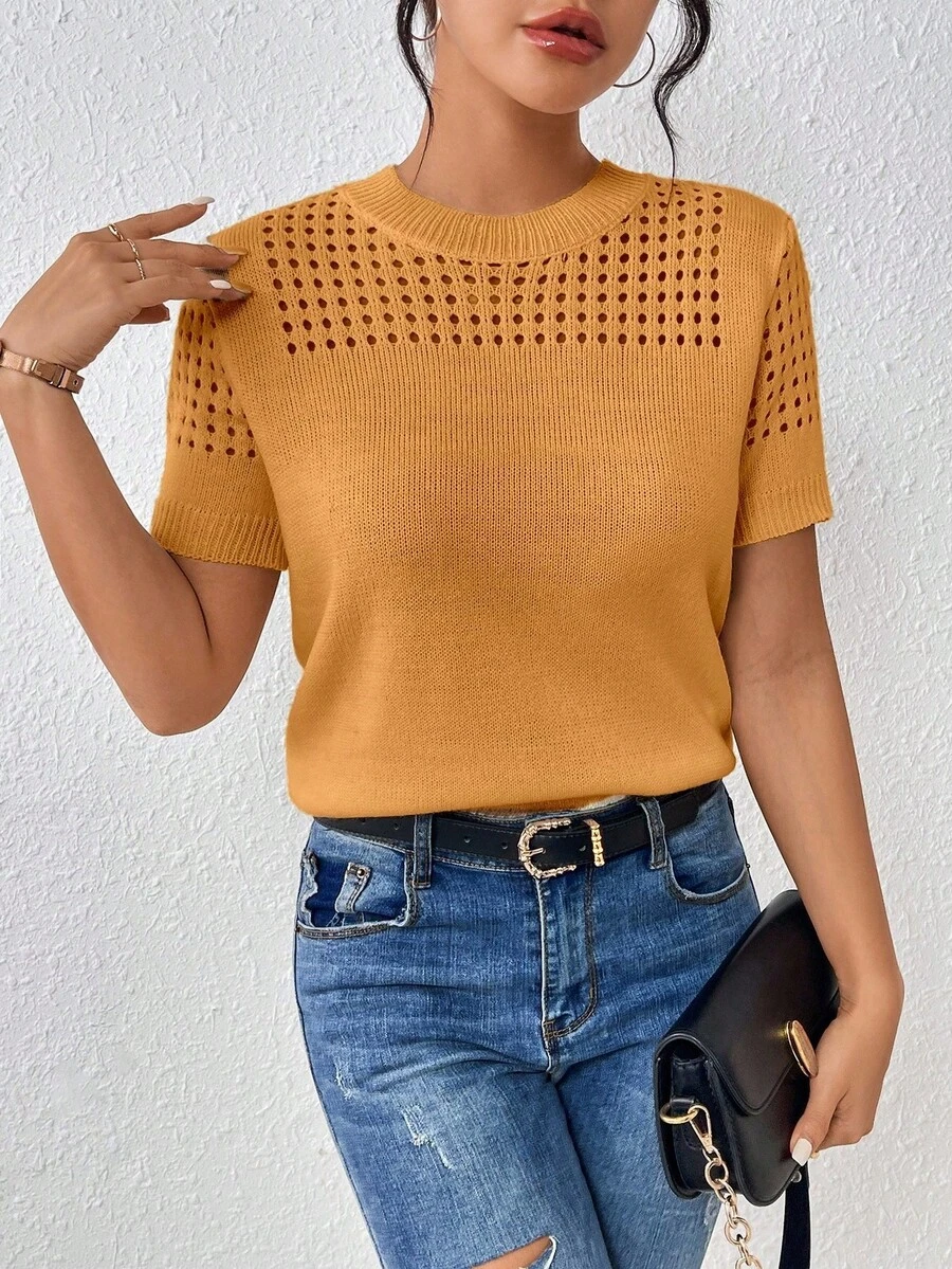 EMERY ROSE Women's Round-Neck Solid Color Short-Sleeved Knitted Top For Summer For New Year Clothes - Mustard Yellow - View 1
