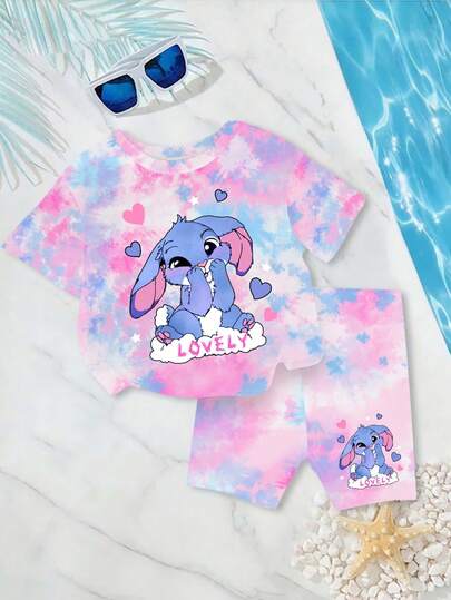 SHEIN 女婴卡通兔子印花扎染圆领短袖T恤和针织打底短裤套装，夏季扎染女婴亲子装