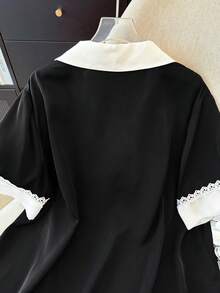 GlowEve CURVE Plus Size Shirt With Contrast Collar And Ruffle Trim, Short Sleeve Fitted Top - Black and White - View 4