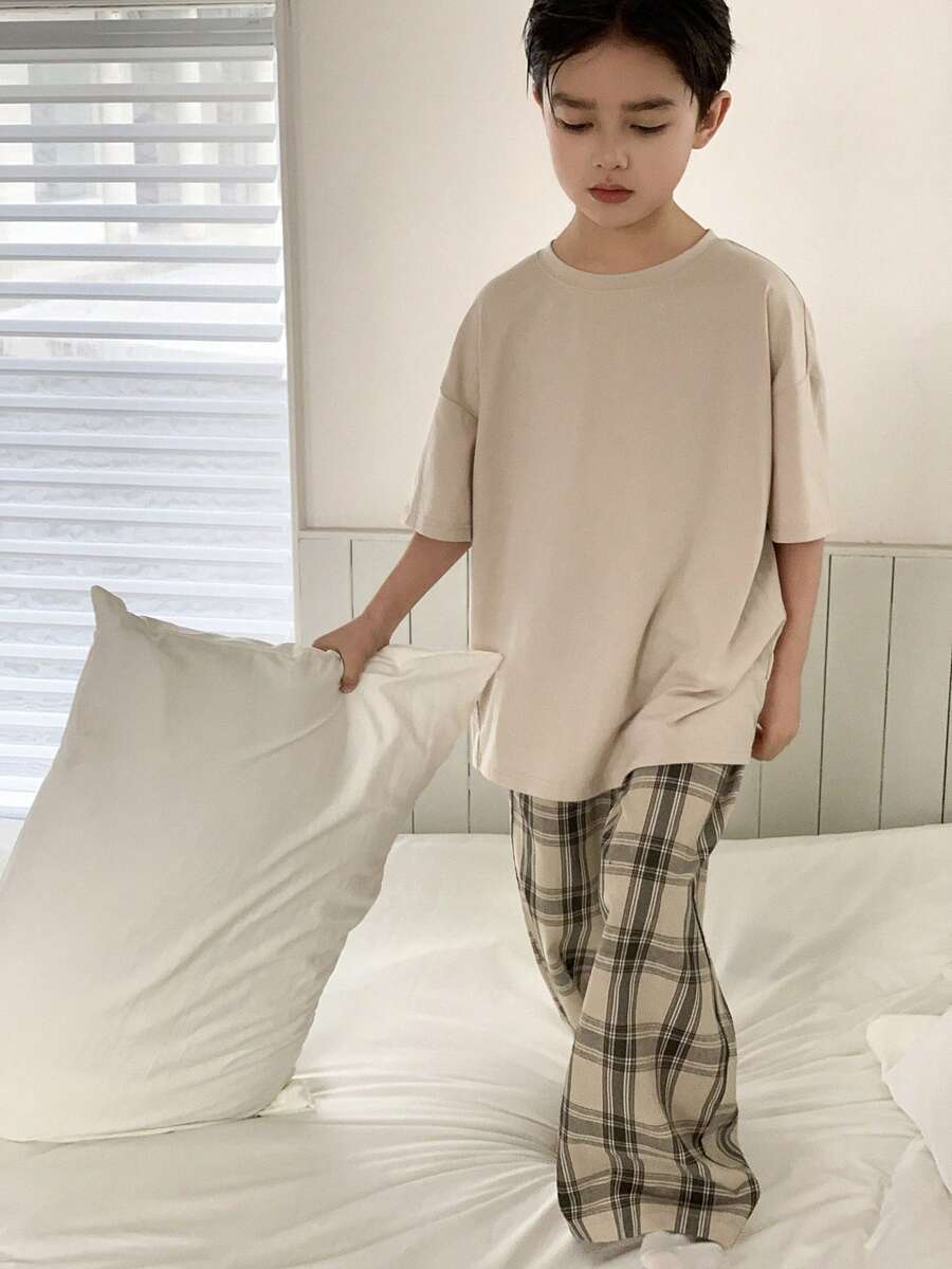 Dazy Kids Tween Boy Solid Color Short Sleeve Top And Plaid Pants Pajama Set Summer - Apricot - View 1