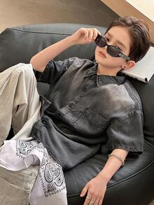 Dazy Kids Tween Boy Solid Color Front Button Pocket Casual Short Sleeve Denim Shirt Summer - Grey - View 6