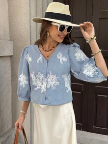 SHEIN Clasi Women's Elegant Blue And White Stripe Embroidered Sequin V-Neck Lantern Sleeve Loose Blouse, Casual Tea Party & Autumn Vacations For Women - Blue - View 7