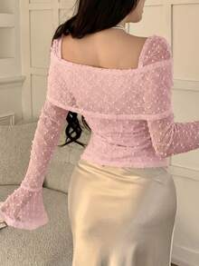Feyla Women's Elegant Foldover Square Neck Flare Sleeve Asymmetrical Hem Fitted T-Shirt Swiss Dot Spring Summer Top - Dusty Pink - View 3
