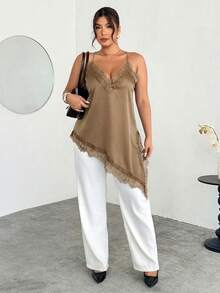 Firerie Áo hai dây cỡ lớn, thanh lịch, gợi cảm, màu trơn, viền ren, vạt bất đối xứng. - Màu Khaki - Xem 4