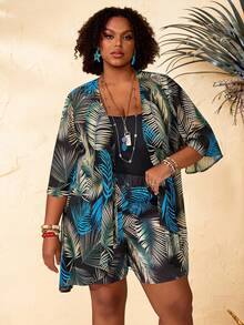 EMERY ROSE Ensemble 2 pièces grande taille pour femmes, veste kimono et short imprimé feuilles tropicales, printemps/été - Multicolore - Voir 7