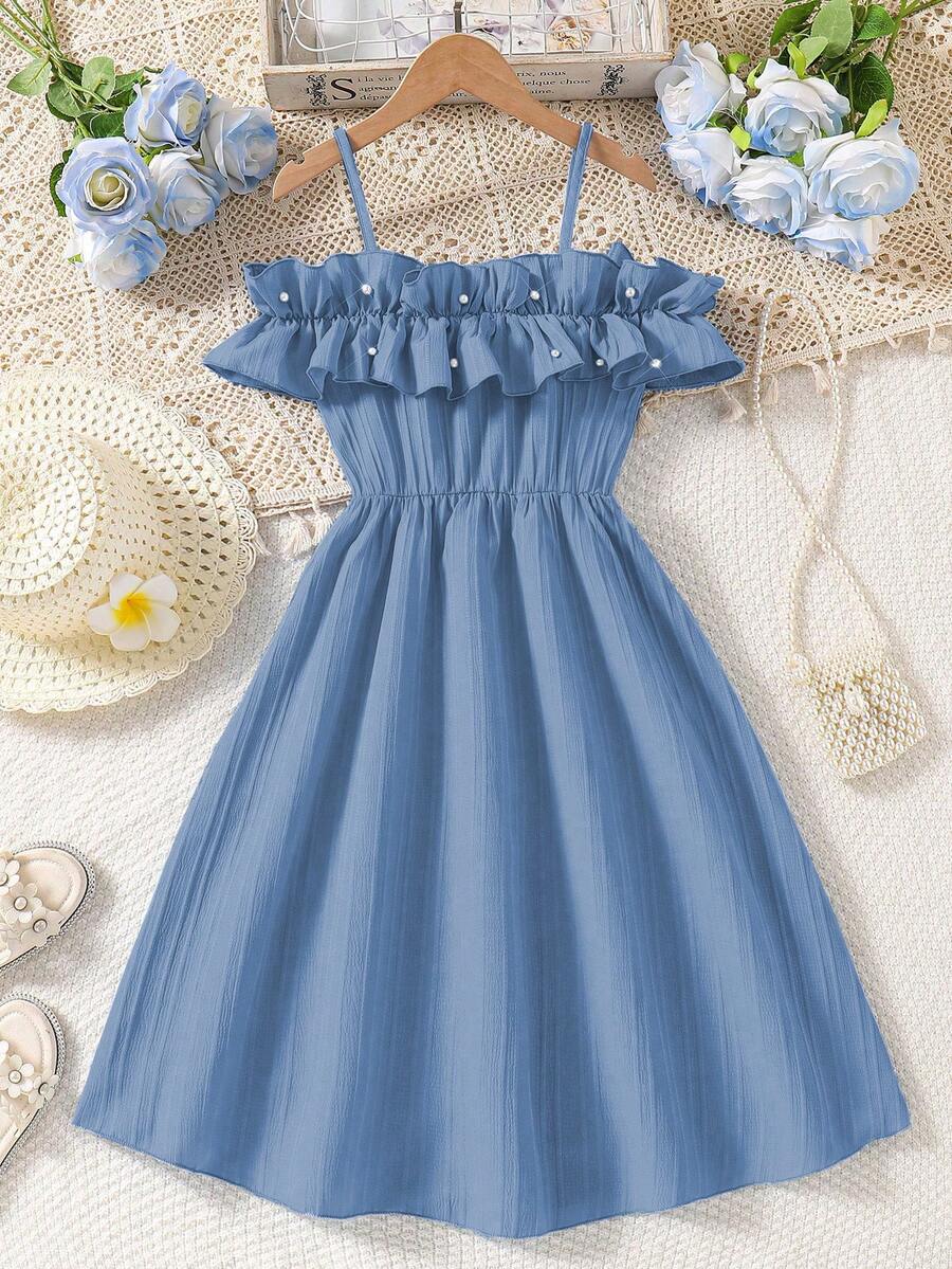SHEIN 女童休闲梭织荷叶边露肩可调节简约直筒连衣裙，春夏 - 霧霾藍 - 查看 1
