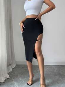 Elenzga Váy cạp cao xẻ đùi - màu đen - Xem 4