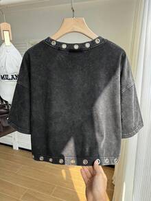 Comfortcana 加大码纯棉水洗雪花短袖T恤，春季 - 黑色 - 查看 2