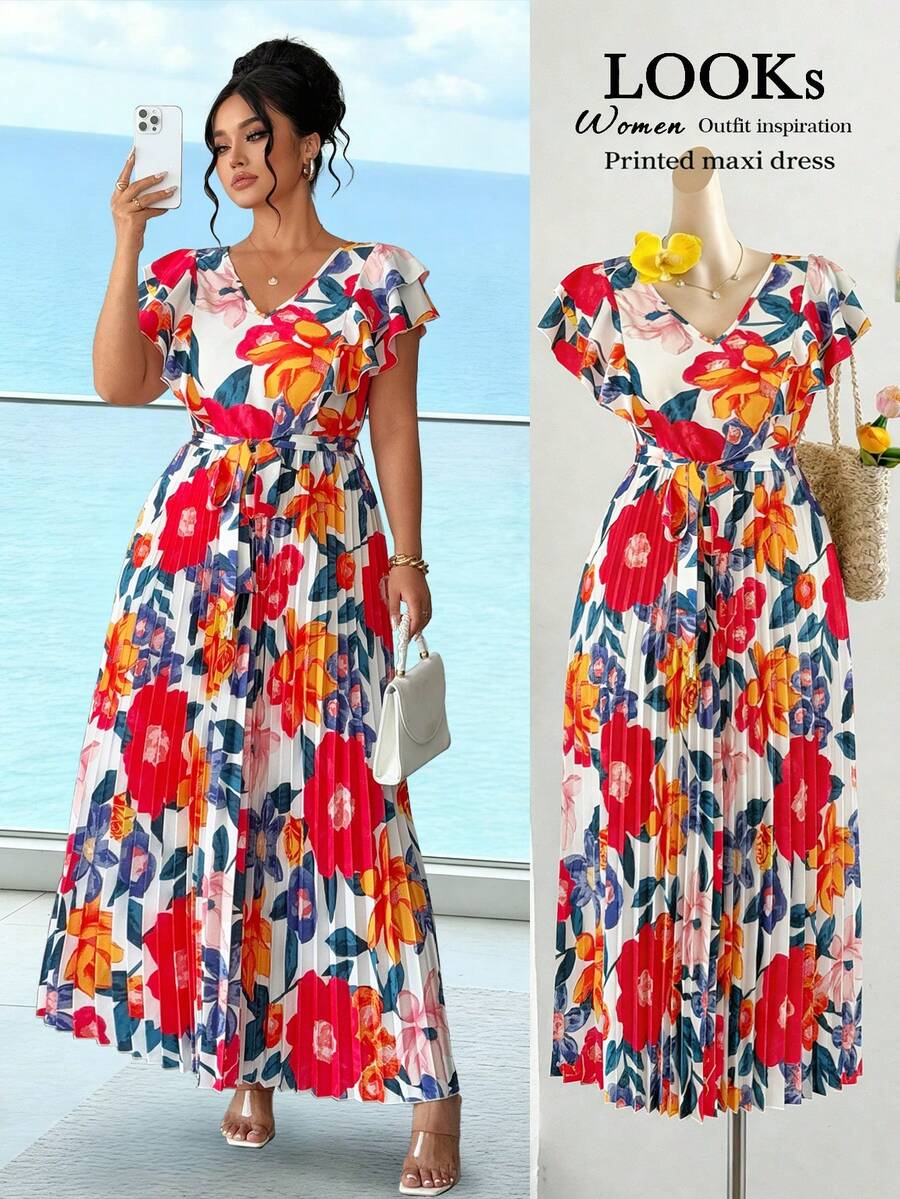 SHEIN Elenzya Đầm xếp ly in hoa thanh lịch cỡ lớn, thích hợp cho mùa hè. - Hồng - Xem 1