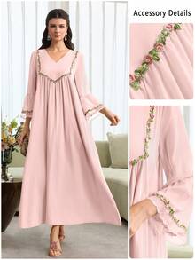 Al Najma V-Neck Flare Sleeve Robe, Romantic Style For Spring/Summer - Pink - View 5